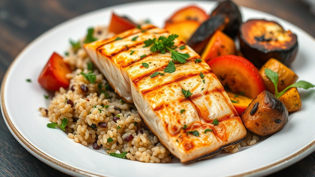 Close-up of colorful plate with grilled salmon, roasted vegetables, quinoa, and fresh herbs, natural lighting, appetizing healthy meal preparation example