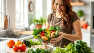 Woman preparing fresh vegetables and lean proteins in a bright, modern kitchen with natural lighting, holding a colorful salad bowl, healthy ingredients visible on counter