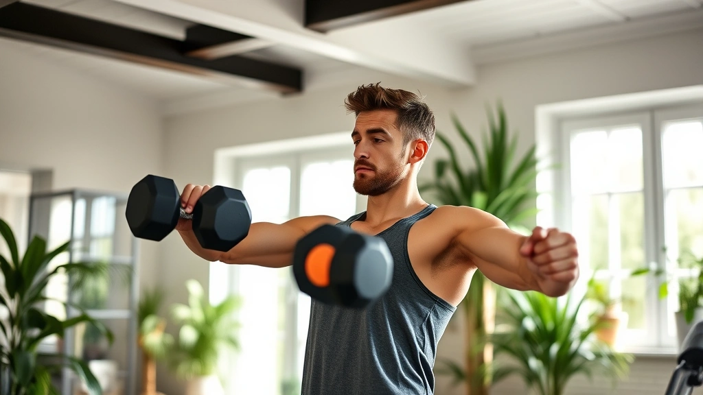 Person doing strength training with dumbbells in a home gym setting, focused expression, natural daylight from windows, health-conscious environment with plants nearby