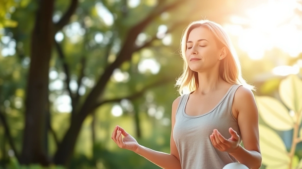 Woman meditating outdoors in peaceful natural setting with trees and soft sunlight, calm expression, serene wellness environment promoting stress management and mental health