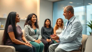 Professional healthcare setting with diverse patients consulting with a doctor about weight management options, warm lighting, clinical yet approachable atmosphere