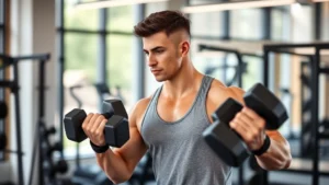 Fit adult male in athletic wear doing resistance training with dumbbells in modern gym, natural lighting, focused expression, health-focused composition
