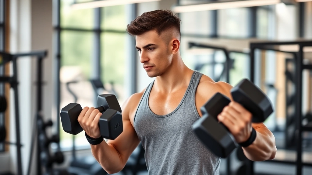 Fit adult male in athletic wear doing resistance training with dumbbells in modern gym, natural lighting, focused expression, health-focused composition