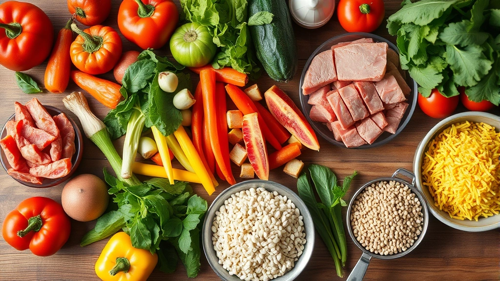 Overhead view of colorful fresh vegetables, lean proteins, and whole grains arranged on wooden table, vibrant natural lighting, nutritious meal preparation