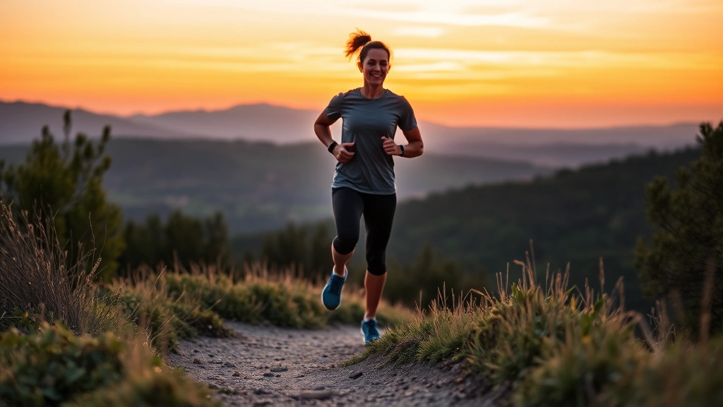 Person jogging outdoors on scenic trail at sunset, athletic wear, natural landscape background, health and wellness lifestyle imagery