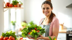 Woman preparing fresh colorful vegetables in a bright kitchen, smiling while holding a bowl of mixed salad with leafy greens, tomatoes, and bell peppers, natural daylight from window