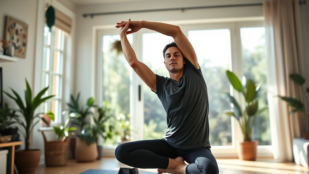 Person doing yoga pose in a serene home studio with plants, sunlight streaming through windows, peaceful expression, focusing on flexibility and mindfulness practice