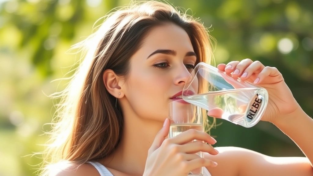 Woman drinking water from a glass in morning sunlight, healthy wellness moment, fresh and hydrated appearance, bright natural background