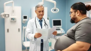 Professional healthcare provider in white coat reviewing medical chart with overweight patient in clinical examination room with modern equipment and calming blue-gray tones