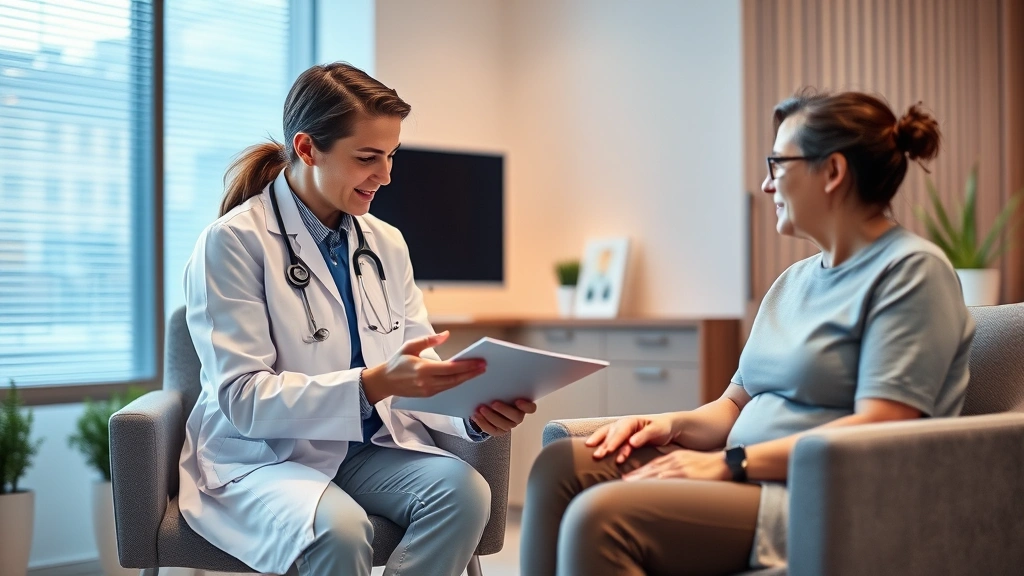Healthcare provider discussing treatment options with patient in modern medical office setting, both sitting comfortably, warm lighting, professional yet approachable atmosphere