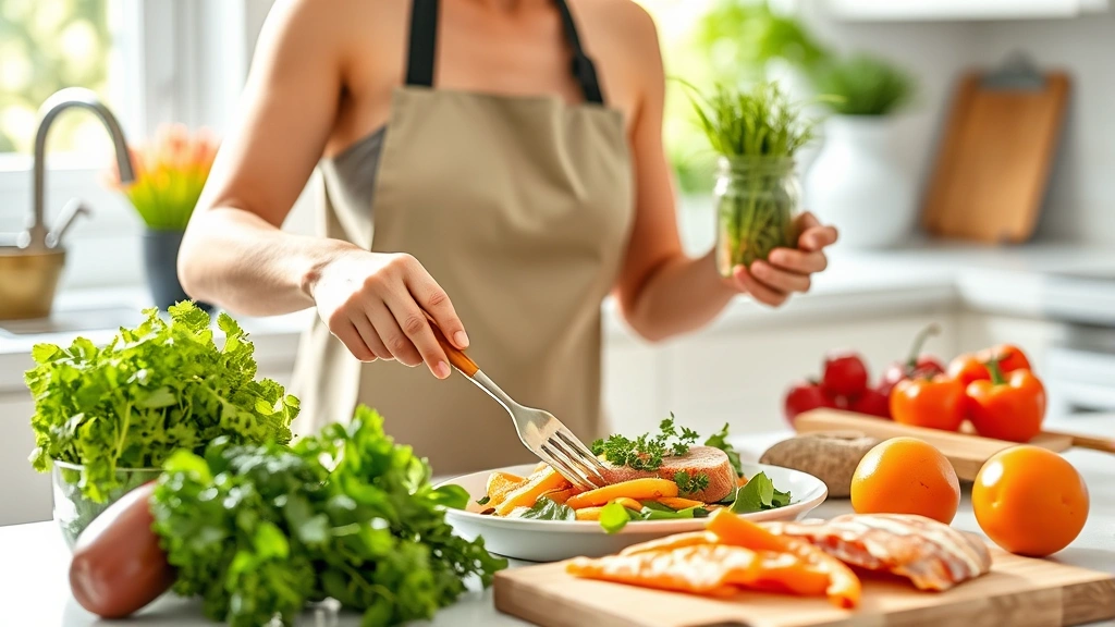 Person preparing healthy meal with fresh vegetables and lean protein in bright kitchen environment, natural sunlight from window, colorful produce on countertop, emphasizing nutritious food preparation