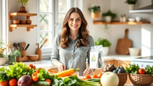 Woman in bright kitchen confidently preparing fresh colorful vegetables and whole foods, natural morning light through windows, peaceful focused expression, healthy meal preparation
