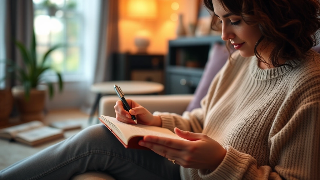 Person journaling and reflecting in comfortable home setting with warm lighting, notebook open with pen, peaceful mindful moment, wellness and self-awareness practice