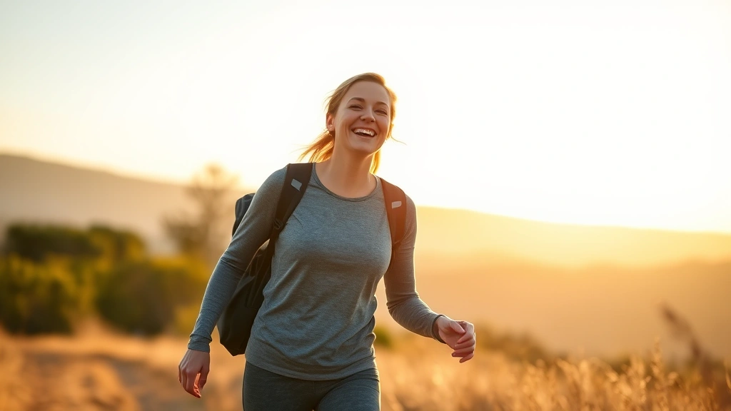Woman walking outdoors in nature during golden hour, smiling, wearing comfortable athletic wear, beautiful landscape background, joy and sustainable movement