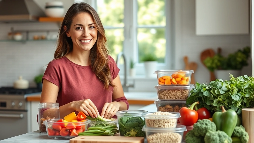 Woman meal prepping fresh vegetables and whole grains in a bright kitchen, smiling confidently while organizing containers with colorful foods, natural lighting, healthy lifestyle aesthetic