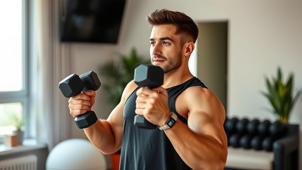 Person performing strength training with dumbbells in a home gym setting, focused expression, proper form demonstrated, modern minimalist environment, energetic and positive mood