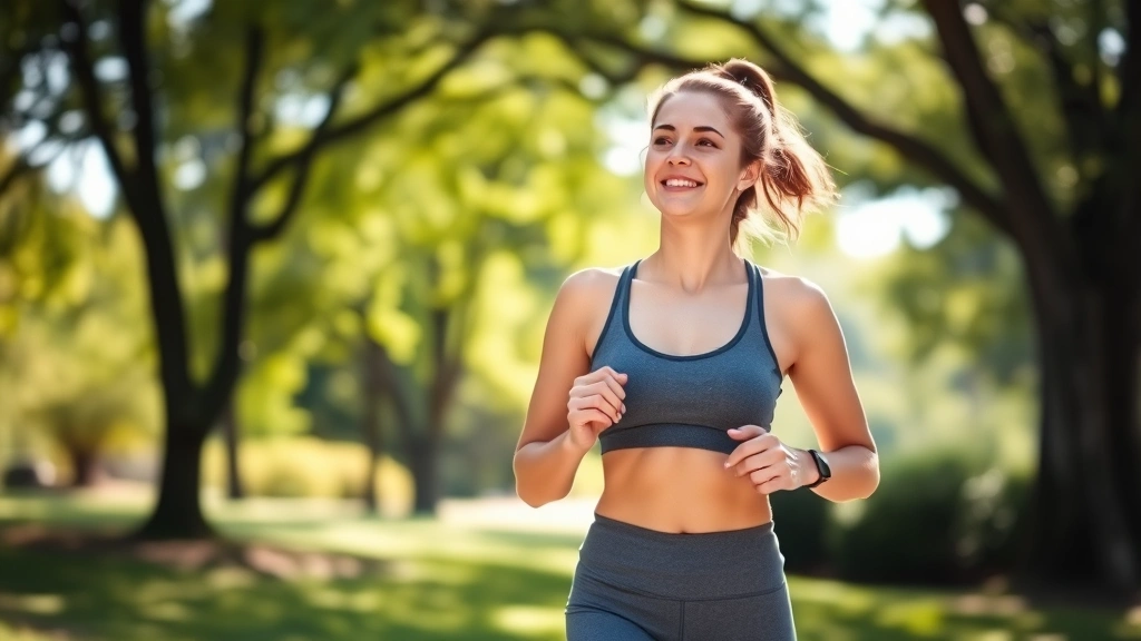 Woman enjoying a peaceful morning walk outdoors in a park setting, wearing comfortable athletic clothes, natural sunlight, serene expression, trees and greenery in background, wellness focused
