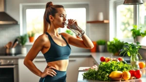A fit woman in athletic wear drinking water from a clear glass bottle in a bright, modern kitchen with fresh vegetables and fruits on the counter, natural sunlight streaming through windows, healthy and energetic expression, photorealistic