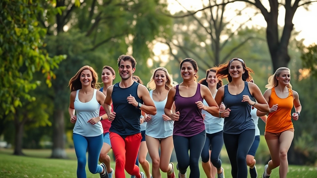 A diverse group of people jogging together in a park during morning or evening, surrounded by green trees and natural scenery, smiling and engaged, showing different body types and ages exercising together, photorealistic wellness scene