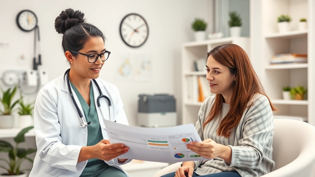 A nutritionist or healthcare provider consulting with a patient in a clean medical office, reviewing health documents or charts, both appearing focused and positive, professional healthcare setting with wellness elements visible, photorealistic