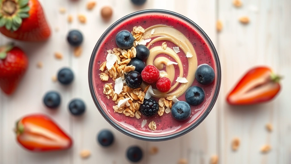 Fresh blended smoothie bowl with mixed berries, granola, coconut flakes, and almond butter swirl on top, photographed from above on a light wooden table with fresh fruit scattered around