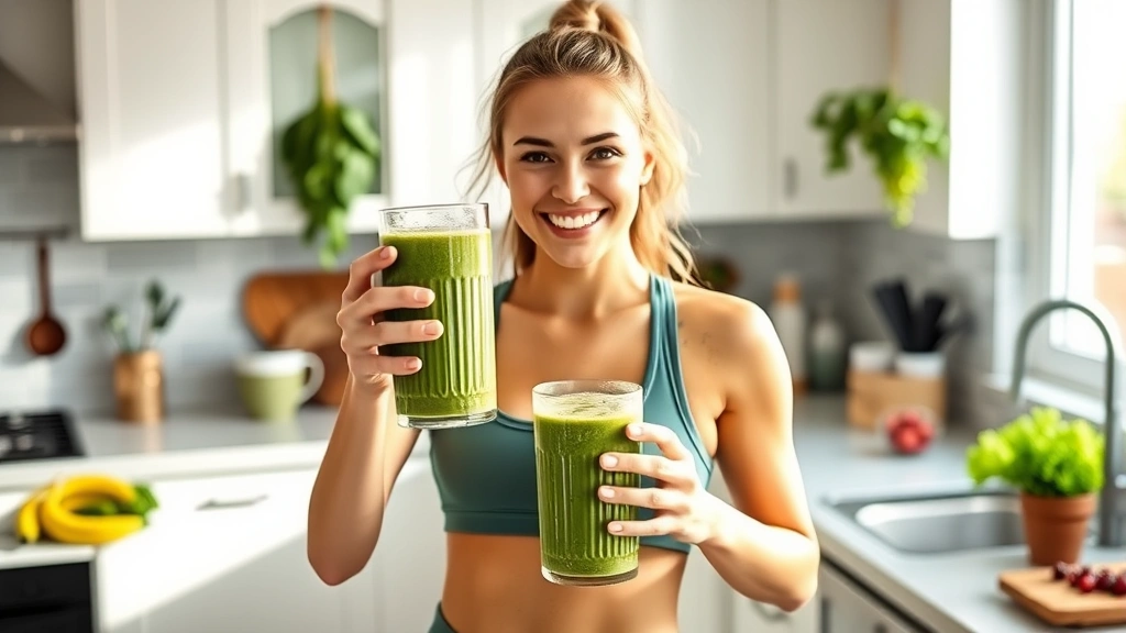 Athletic woman holding a green smoothie glass in a bright kitchen, smiling, with fresh spinach, banana, and berries visible on the countertop, natural daylight
