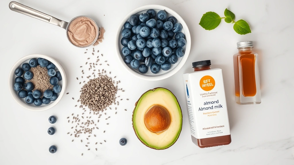 Overhead flat lay of smoothie ingredients arranged artfully: protein powder scoop, chia seeds, frozen blueberries, avocado half, almond milk carton, and vanilla extract bottle on marble surface