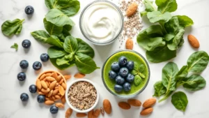 Overhead flat lay of fresh smoothie ingredients: spinach, blueberries, Greek yogurt, chia seeds, almond milk, and almonds arranged on white marble countertop, natural window lighting, vibrant colors, health-focused composition
