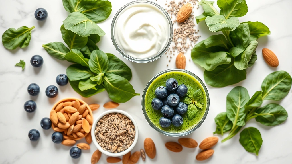 Overhead flat lay of fresh smoothie ingredients: spinach, blueberries, Greek yogurt, chia seeds, almond milk, and almonds arranged on white marble countertop, natural window lighting, vibrant colors, health-focused composition