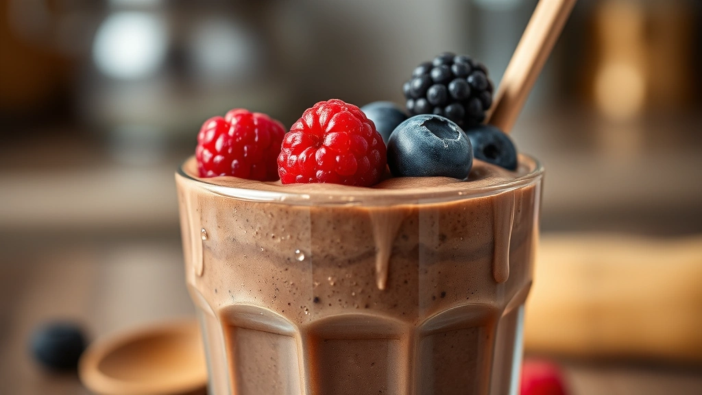 Close-up of a creamy chocolate protein smoothie in clear glass with berries on top, condensation on glass, wooden spoon beside it, blurred kitchen background, appetizing presentation, wellness aesthetic