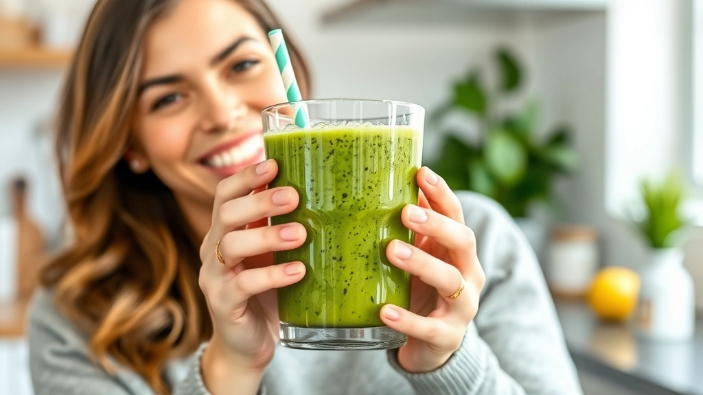 Woman holding a vibrant green spinach smoothie in both hands, bright smile, casual home kitchen setting, natural daylight, healthy lifestyle imagery, authentic genuine moment, no text visible
