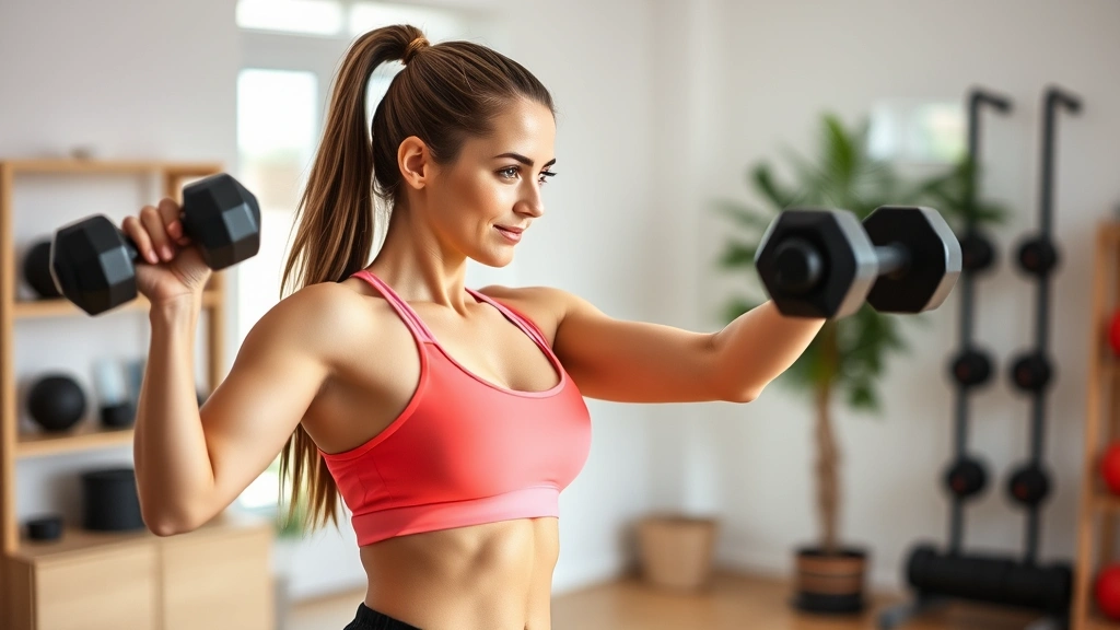 Woman in fitness attire doing strength training with dumbbells in a bright, modern home gym setting, showing confidence and determination during workout