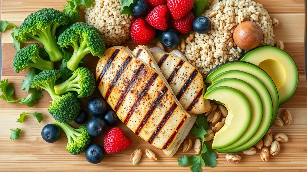 Colorful array of fresh whole foods including grilled chicken breast, broccoli, quinoa, avocado, berries, and nuts arranged on a wooden cutting board in natural lighting