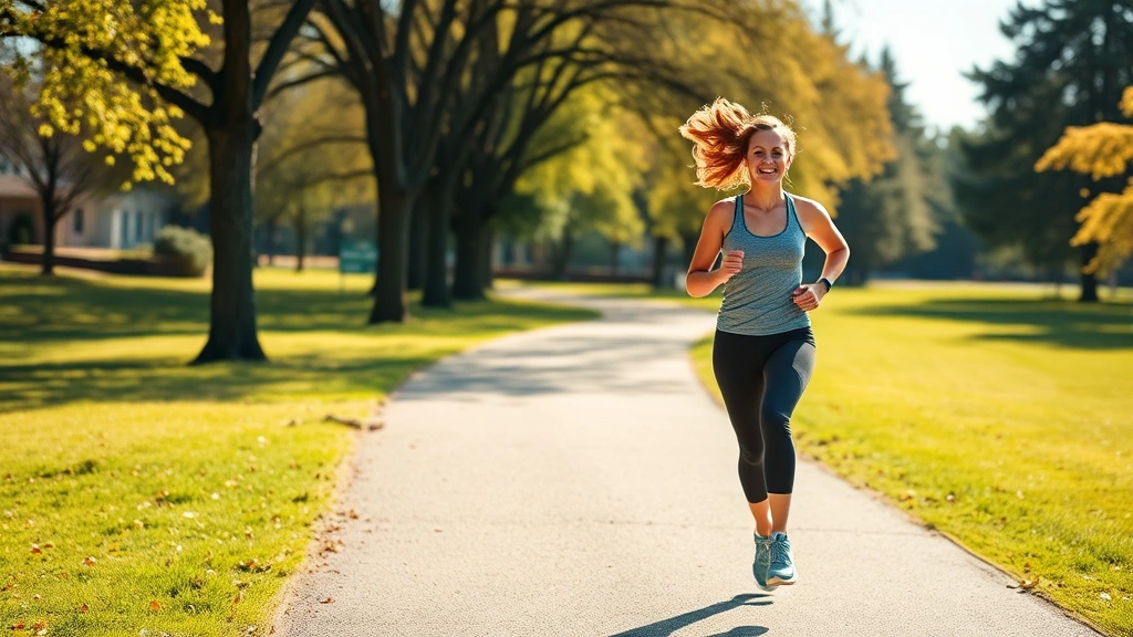 Woman jogging outdoors on a sunny morning path through a park, wearing comfortable athletic clothes, showing joy and energy during cardiovascular exercise