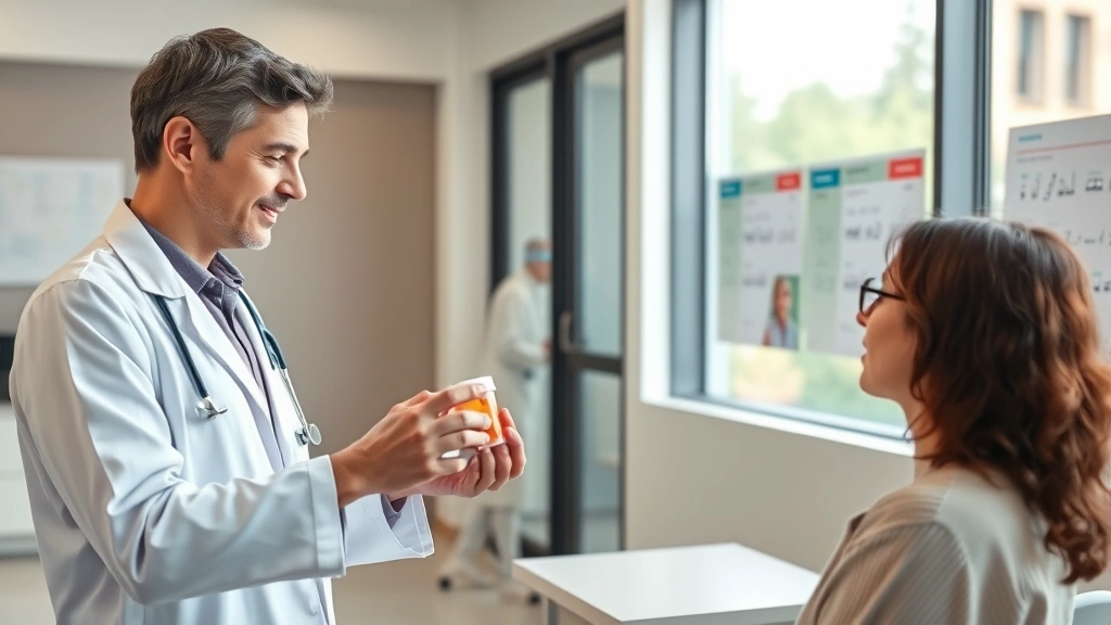 Healthcare professional in white coat discussing medication options with patient showing tablet container in modern clinic office with natural lighting and medical charts on wall