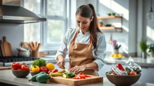 Professional female chef in modern kitchen preparing colorful fresh vegetables on wooden cutting board, natural lighting streaming through windows, warm inviting atmosphere