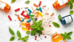 Overhead flat lay of colorful supplement capsules, tablets, and powder in glass containers on white marble background with fresh spearmint leaves and vitamin bottles, bright natural lighting, wellness aesthetic
