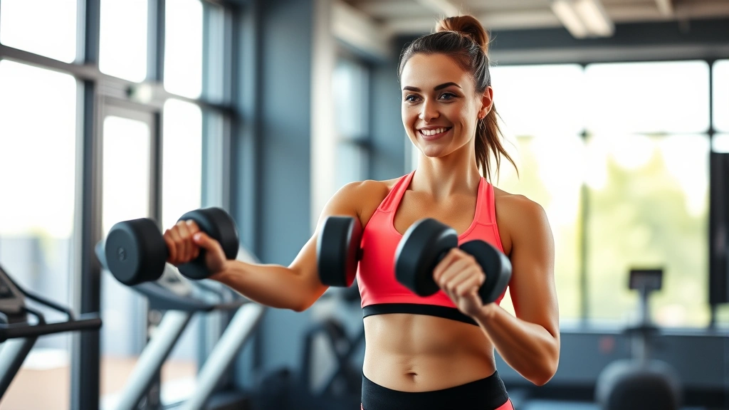 Woman in bright fitness attire performing a strength training exercise with dumbbells in modern gym, confident expression, natural morning light through windows, professional health photography
