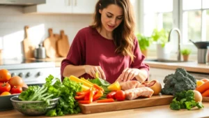 Woman in bright kitchen preparing fresh colorful vegetables and lean proteins on a wooden cutting board, natural sunlight streaming through windows, healthy meal preparation scene