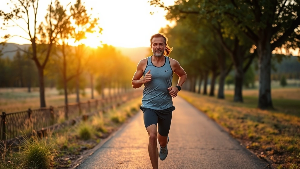 Person jogging outdoors on tree-lined path during golden hour, athletic wear, focused expression, natural landscape background, wellness and fitness in progress