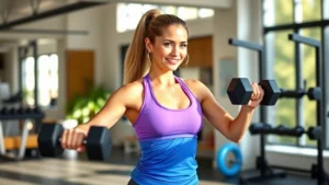 Woman in bright athletic wear performing strength training with dumbbells in modern home gym, natural sunlight, confident expression, health-focused atmosphere