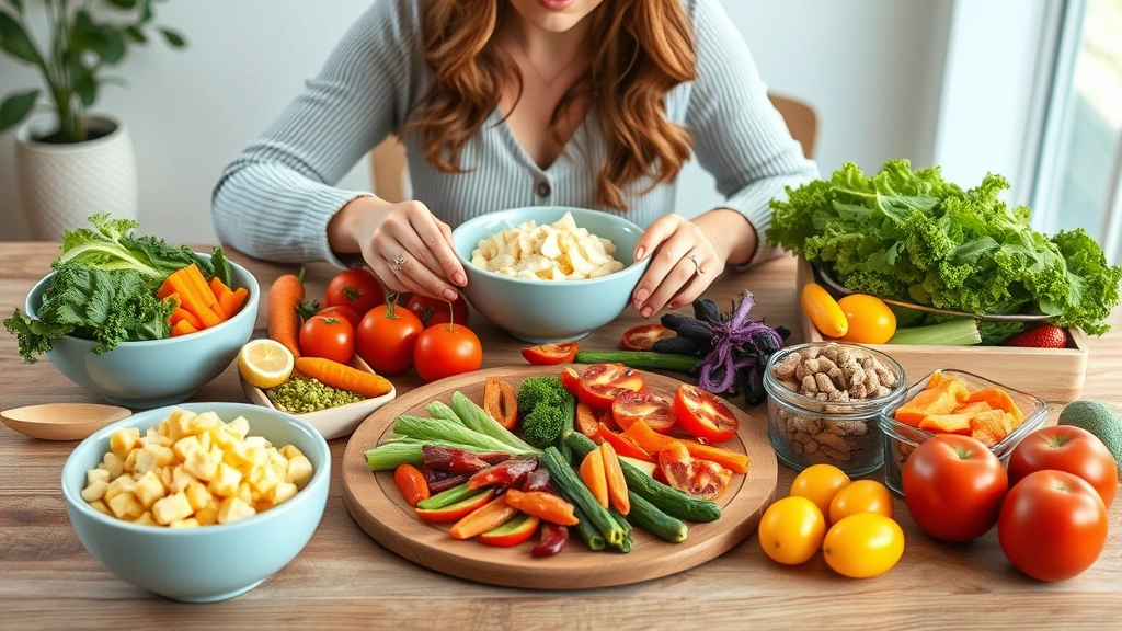 Woman enjoying colorful whole foods including vegetables, fruits, lean proteins on wooden table, mindful eating concept, natural lighting, fresh ingredients