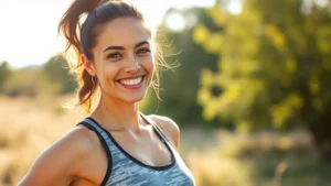 Woman in athletic wear smiling confidently outdoors in morning sunlight, representing fitness and wellness achievement with natural background