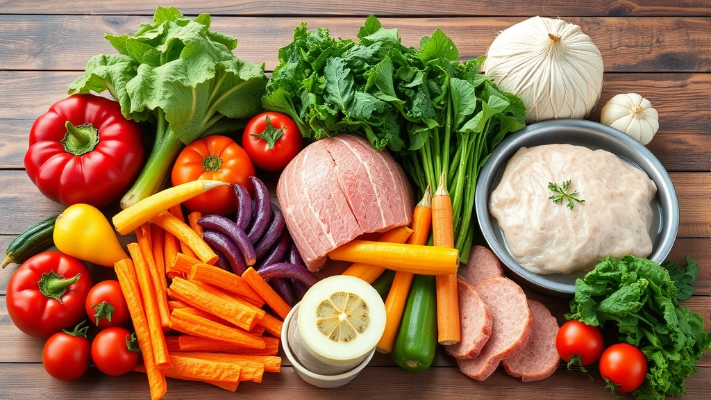 Colorful fresh vegetables and lean proteins arranged on wooden table, showing whole food nutrition for healthy weight loss meal preparation