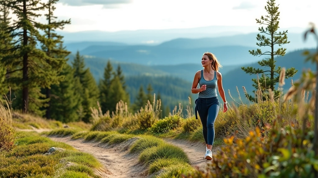 Woman walking on scenic trail through nature with peaceful expression, demonstrating sustainable exercise and outdoor physical activity for wellness