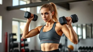 Woman in athletic wear doing strength training with dumbbells in a bright, modern home gym, focused and determined expression, natural lighting from windows, healthy and strong appearance