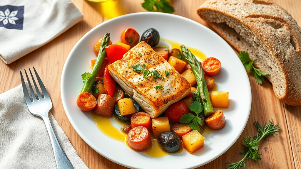 Colorful Mediterranean-style meal on white plate with grilled salmon, roasted vegetables, olive oil drizzle, whole grain bread, fresh herbs, wooden table setting, overhead shot, bright natural daylight