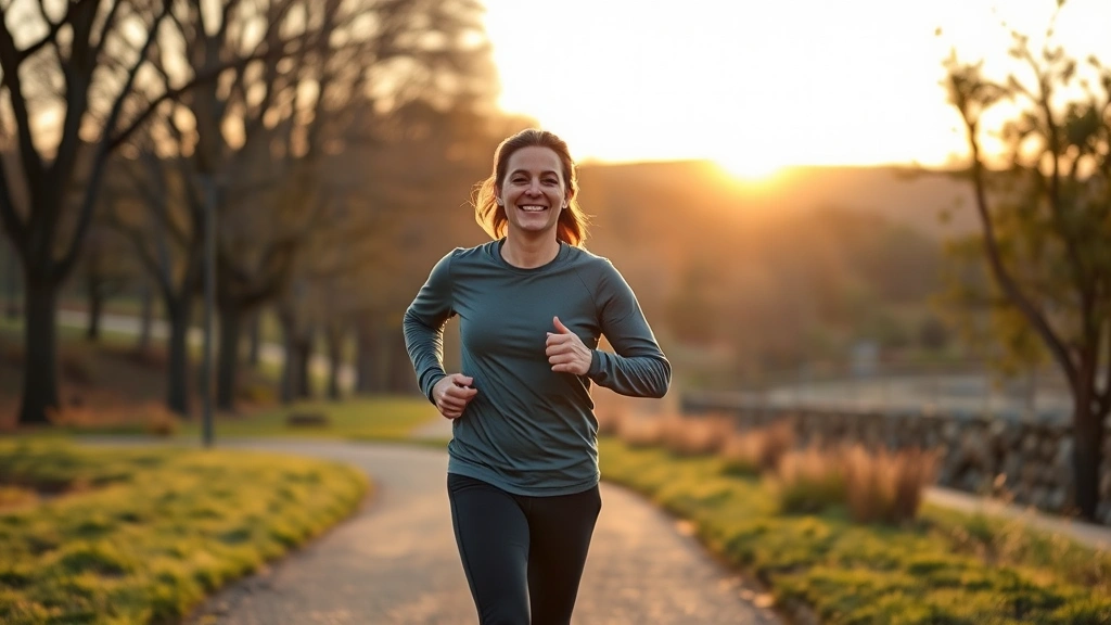 Person jogging outdoors on tree-lined path during golden hour, wearing comfortable athletic clothing, relaxed yet purposeful pace, natural landscape background, peaceful and empowered expression