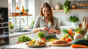 Woman preparing colorful fresh vegetables and lean proteins in a bright modern kitchen, displaying healthy meal preparation with natural lighting and fresh ingredients on countertops