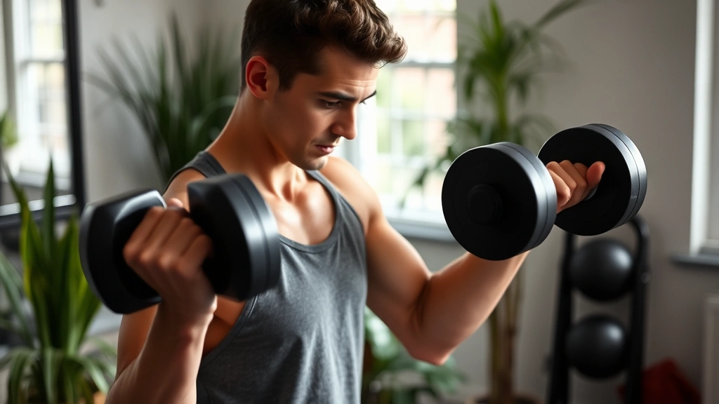 Person performing strength training with dumbbells in a home gym setting, showing proper form and focused determination, with plants and natural light in background
